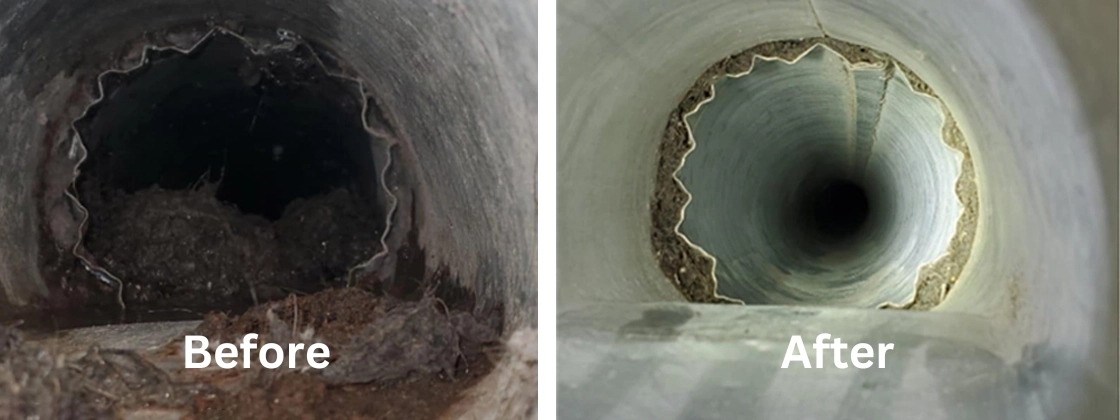 Before and After Image of Dryer Vent Cleaning by MMI Home Improvement Pro